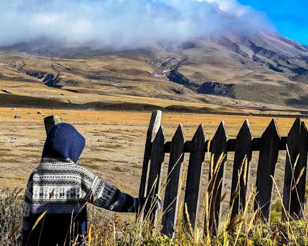 A boy wearing a traditional Ecuadorian sweater touching a broken fence in a grassy field with a volcano in the background