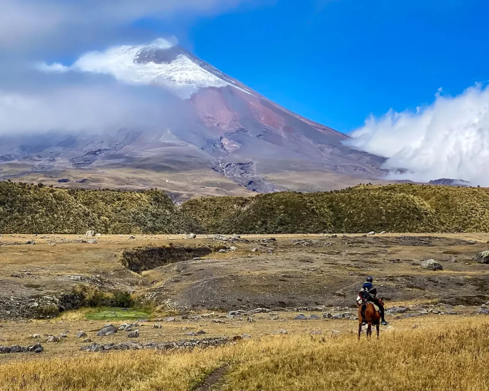 A horseback rider trots through grass toward a volcano