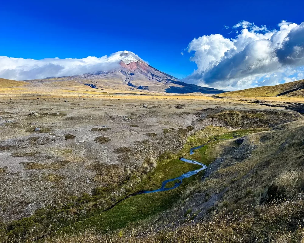 A small creek winds through a grass-covered valley with a cloud-covered volcano in the distance