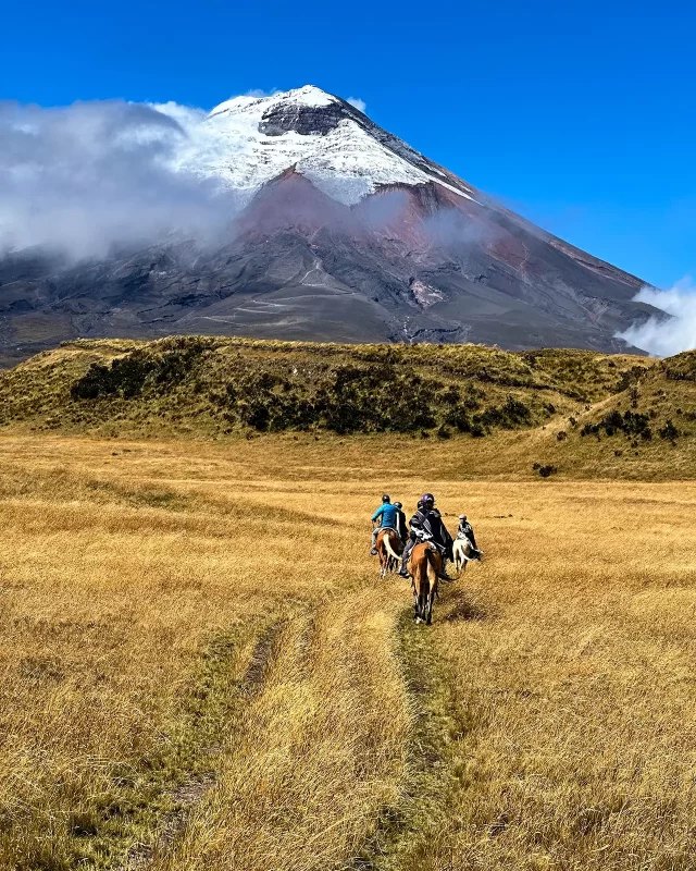Three equestrians ride horses beneath blue skies toward a tall volcano steeped in clouds