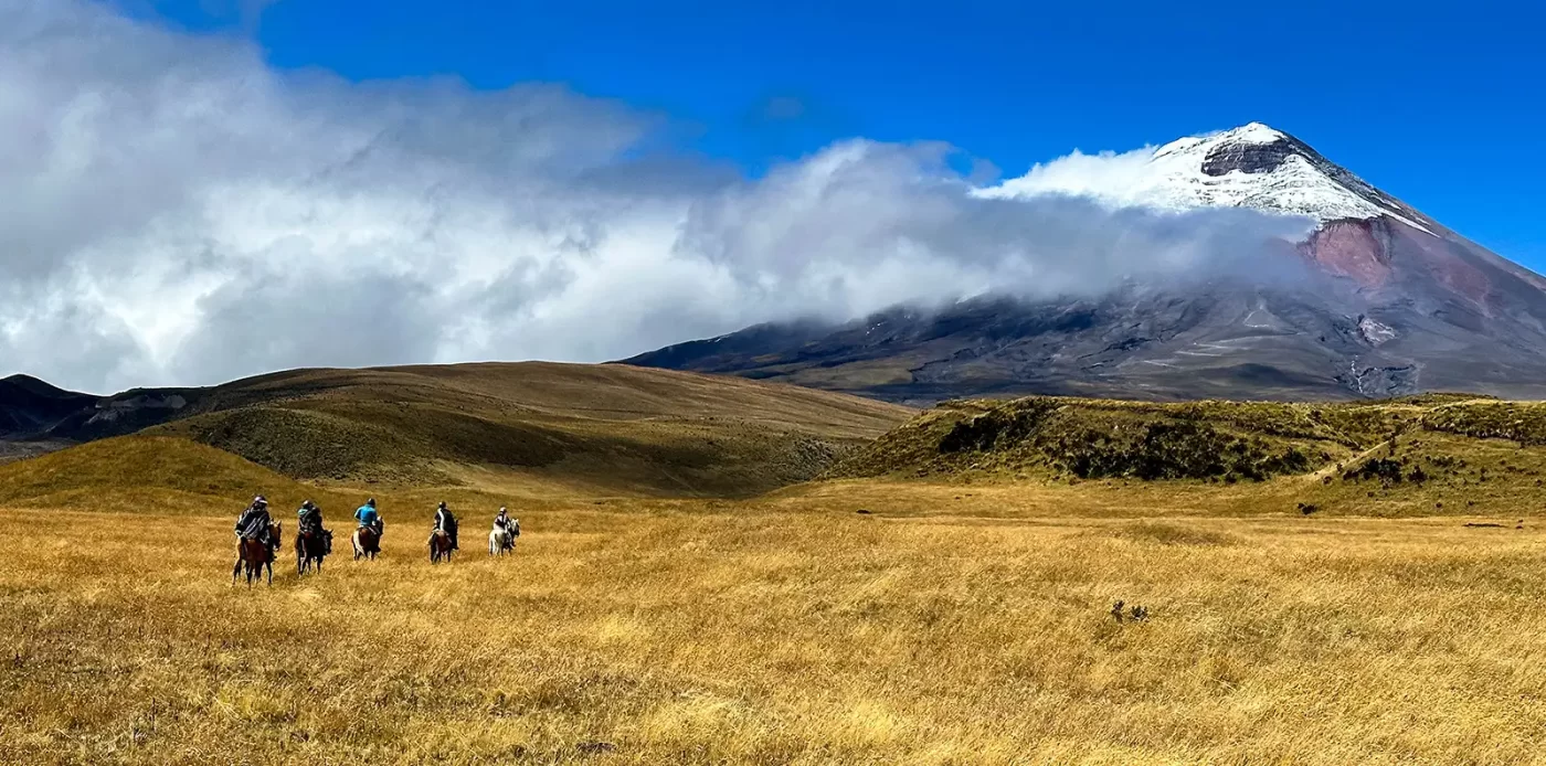 A group of people on horseback ride across a field toward Cotopaxi Volcano
